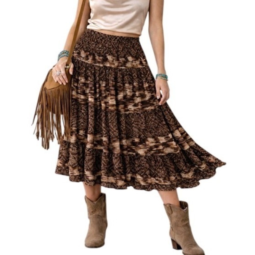 Vintage Y2K Silk Skirt Womens 4 Brown Geometric Mix Print Pleated Southwestern
